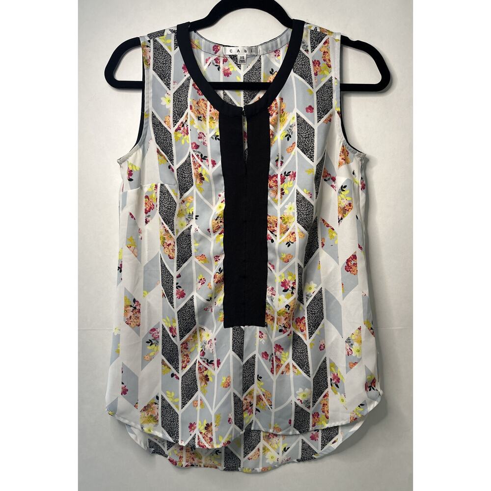 CAbi #249 Women's Sleeveless Grosgrain Geometric Tunic Tank Top Blouse Shirt: XS